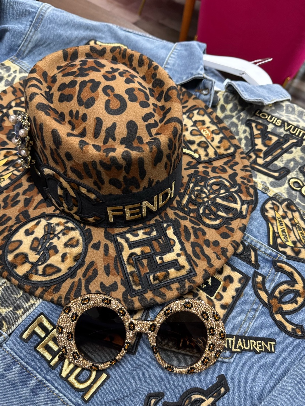 New 3 PC Set. Leopard Print Wool Fedora, Jacket and Rhinestone Sunglasses
